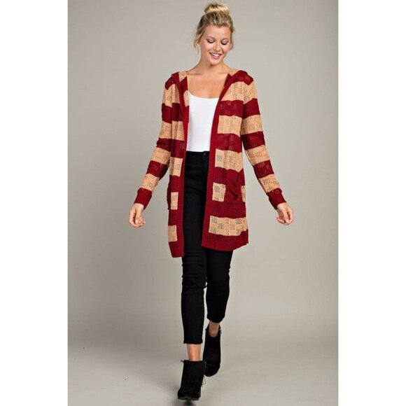 Open Knitted Striped Hooded Cardigan w/ Pockets - Picture 4 of 11